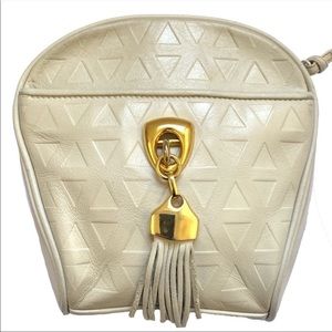 Vintage Gold & Creme Leather Fringe Tassle Bag